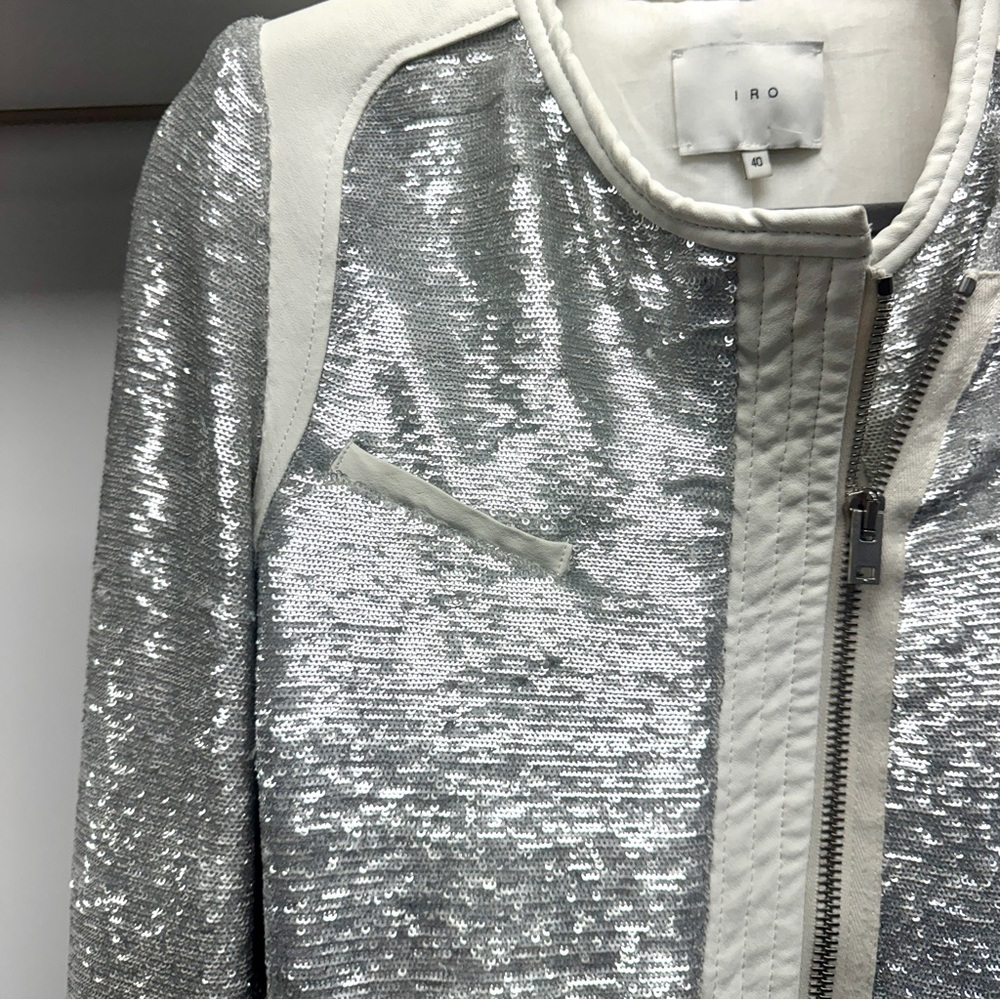 IRO Paris Silver Sequin "Hadley" Moto Blazer with White Leather - Picture 9 of 16